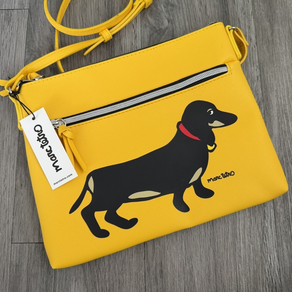 Marc Tetro Dachshund Double Zip Crossbody Bag Yellow NWT Dog Lover Purse